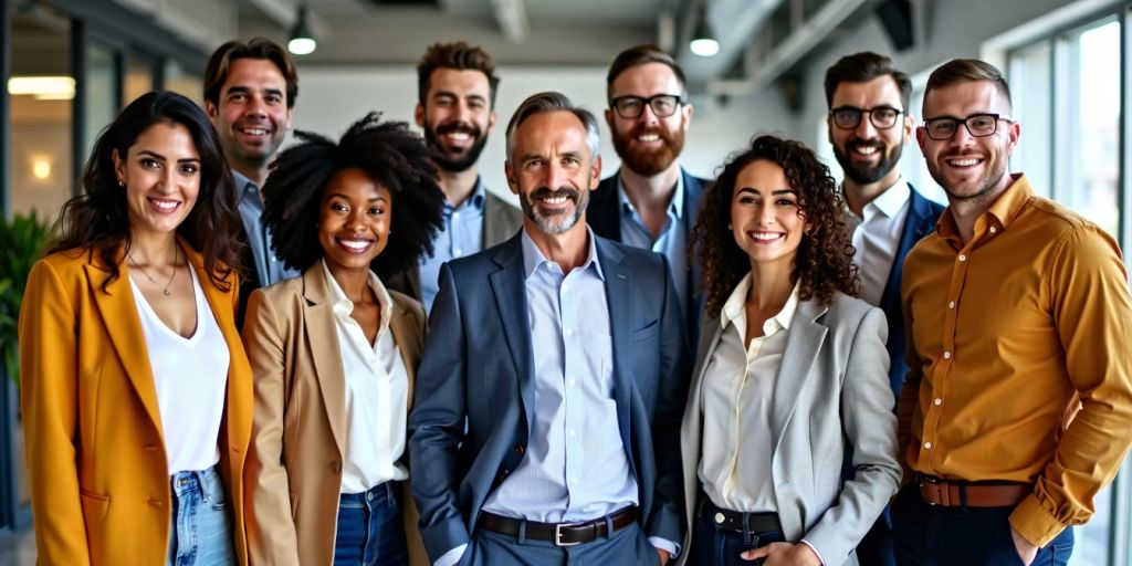 Grupo diverso de pessoas sorrindo em ambiente profissional.