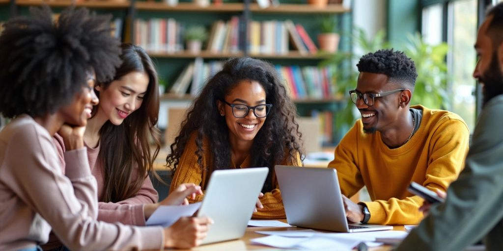 Grupo diverso de estudantes estudando juntos em ambiente moderno.