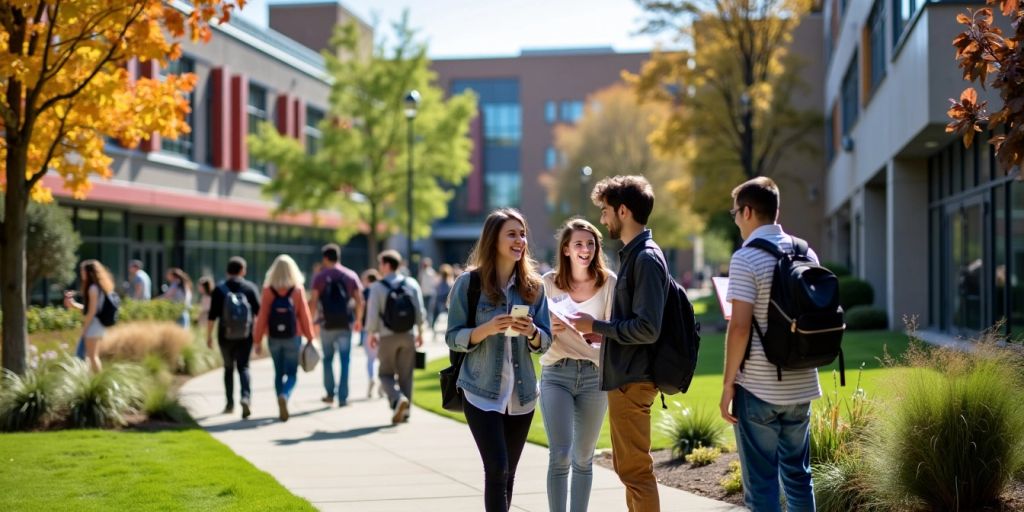 Estudantes em um campus moderno e vibrante.