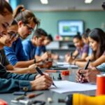 Sala de aula vibrante com alunos em treinamento técnico.