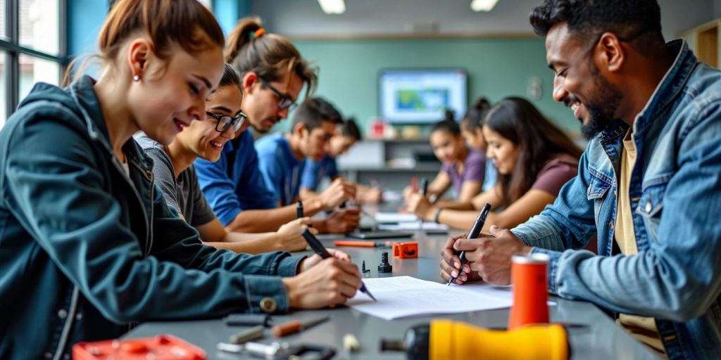 Sala de aula vibrante com alunos em treinamento técnico.