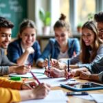 Sala de aula com alunos aprendendo juntos.