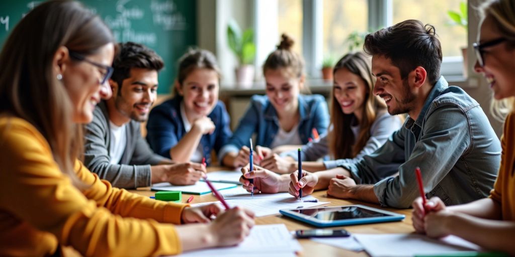 Sala de aula com alunos aprendendo juntos.