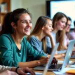 Sala de aula com alunos aprendendo online.