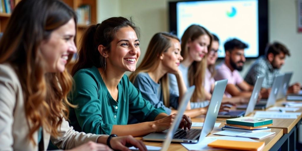 Sala de aula com alunos aprendendo online.