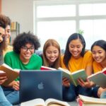 Grupo diverso de estudantes colaborando em um ambiente de estudo.