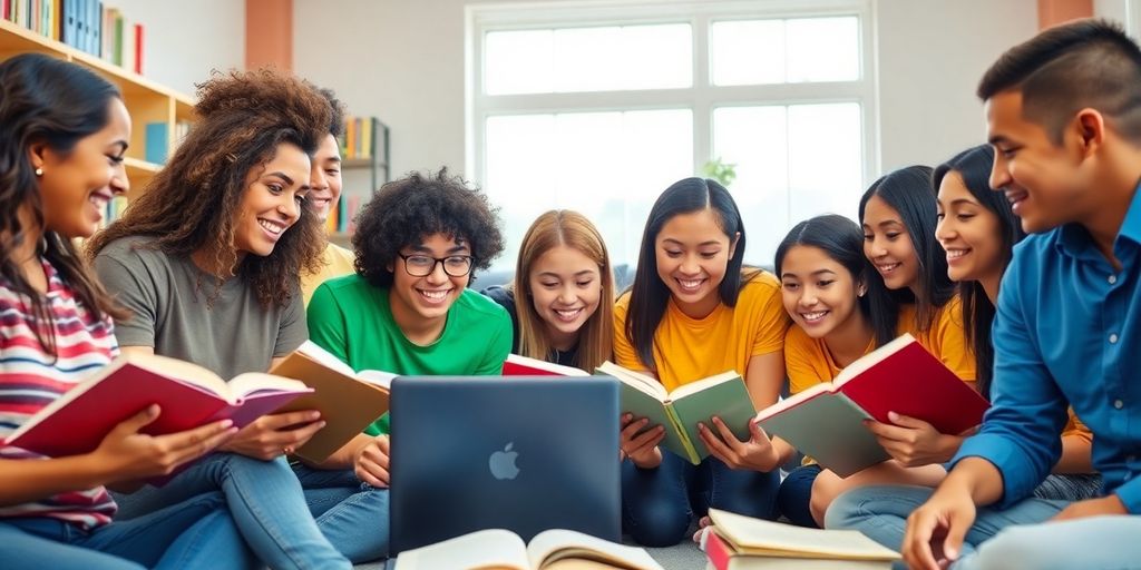 Grupo diverso de estudantes colaborando em um ambiente de estudo.