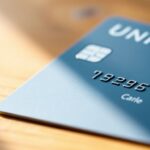 Cartão de crédito UNIBANCO sobre uma mesa de madeira.