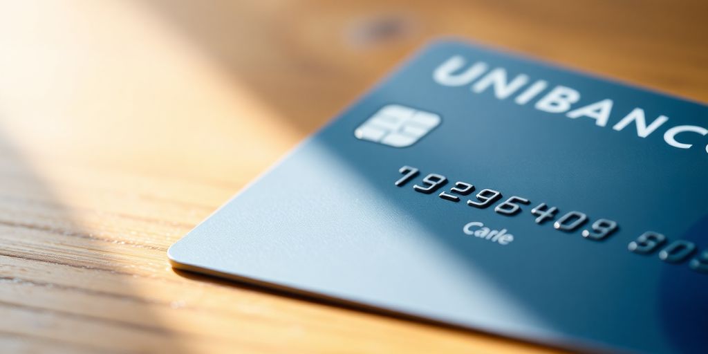 Cartão de crédito UNIBANCO sobre uma mesa de madeira.