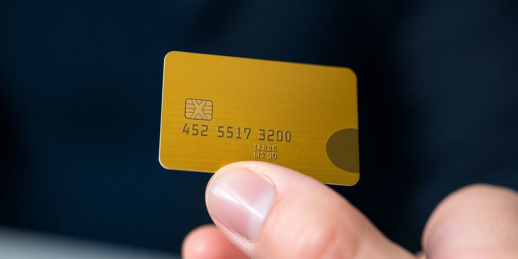 Mão segurando um cartão de crédito brilhante dourado.