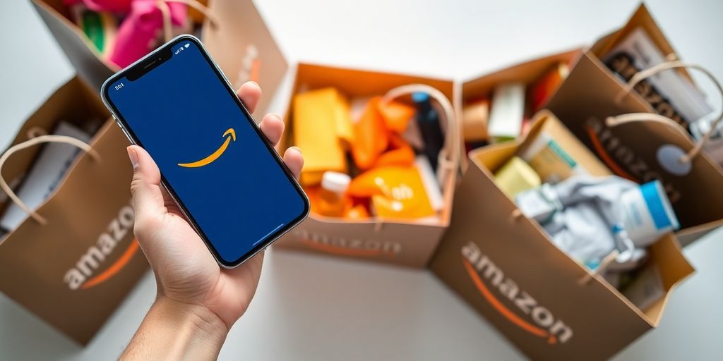 Telefone e sacolas de compras da Amazon.