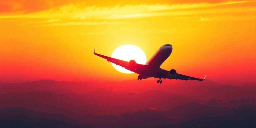 Avião decolando em direção a um pôr do sol vibrante.