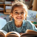 Jovem estudante sorrindo com materiais escolares coloridos.