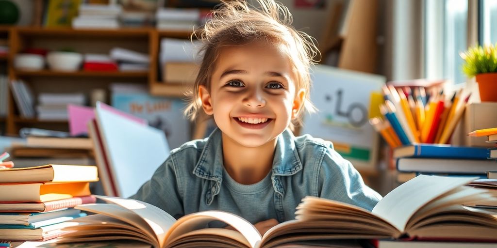 Jovem estudante sorrindo com materiais escolares coloridos.