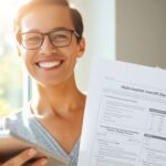 Pessoa sorrindo com calculadora e documentos