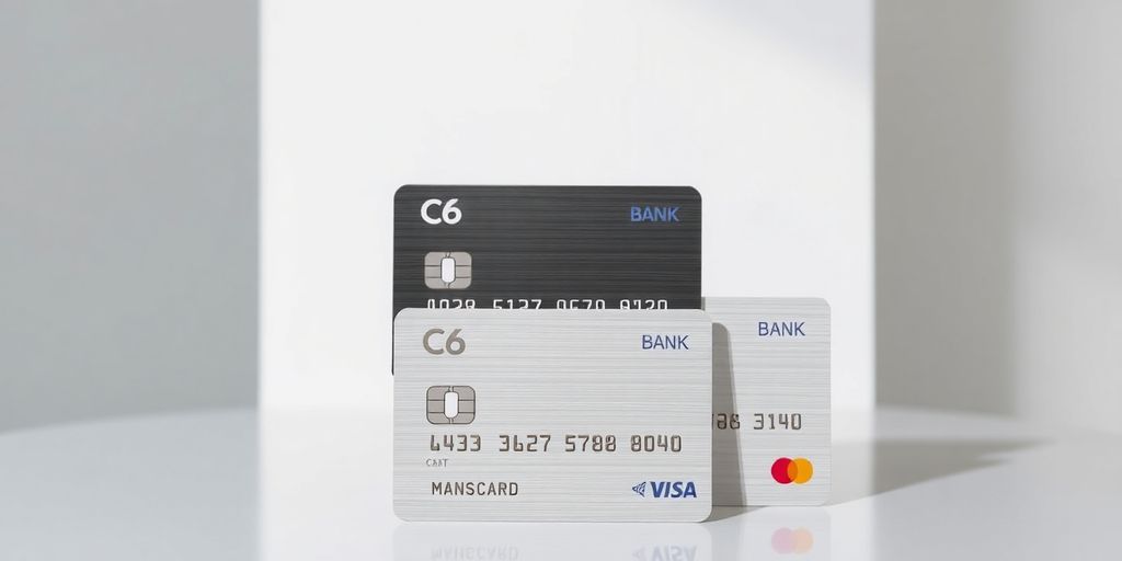 Cartões C6 Bank Mastercard com brilhos e fundos elegantes.