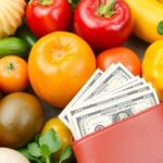 Alimentos frescos e dinheiro em um fundo colorido.