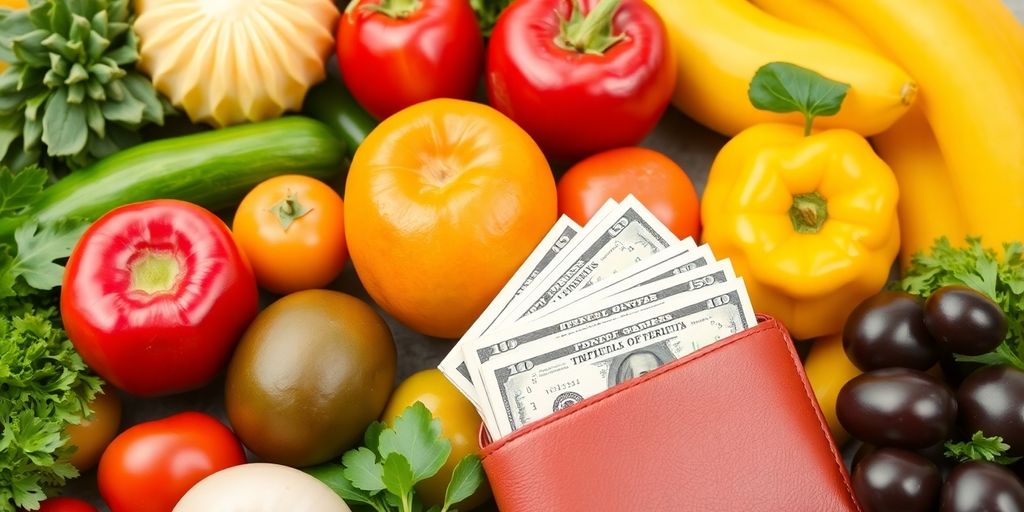 Alimentos frescos e dinheiro em um fundo colorido.