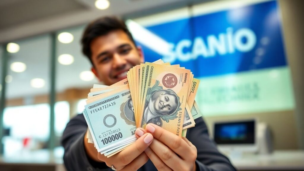 Persona feliz con dinero del Banco de la Nación.