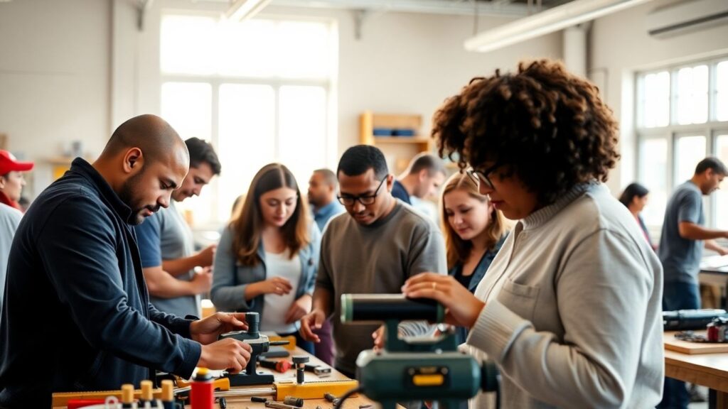People learning and working with tools in a bright workshop.