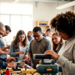 People learning and working with tools in a bright workshop.