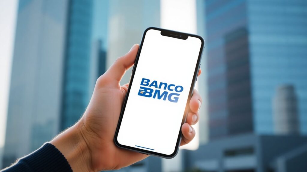 Pessoa feliz com celular e logo do Banco BMG.
