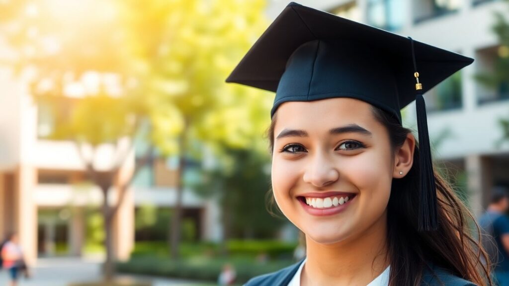 Estudante feliz com capelo em frente à universidade.