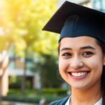 Estudante feliz com capelo em frente à universidade.