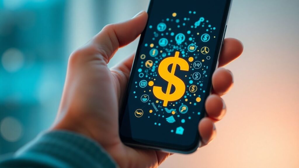 Mano con teléfono mostrando interfaz financiera digital