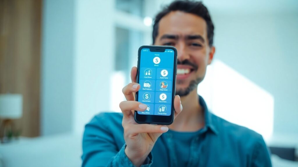 Pessoa sorrindo com celular e ícones financeiros digitais.