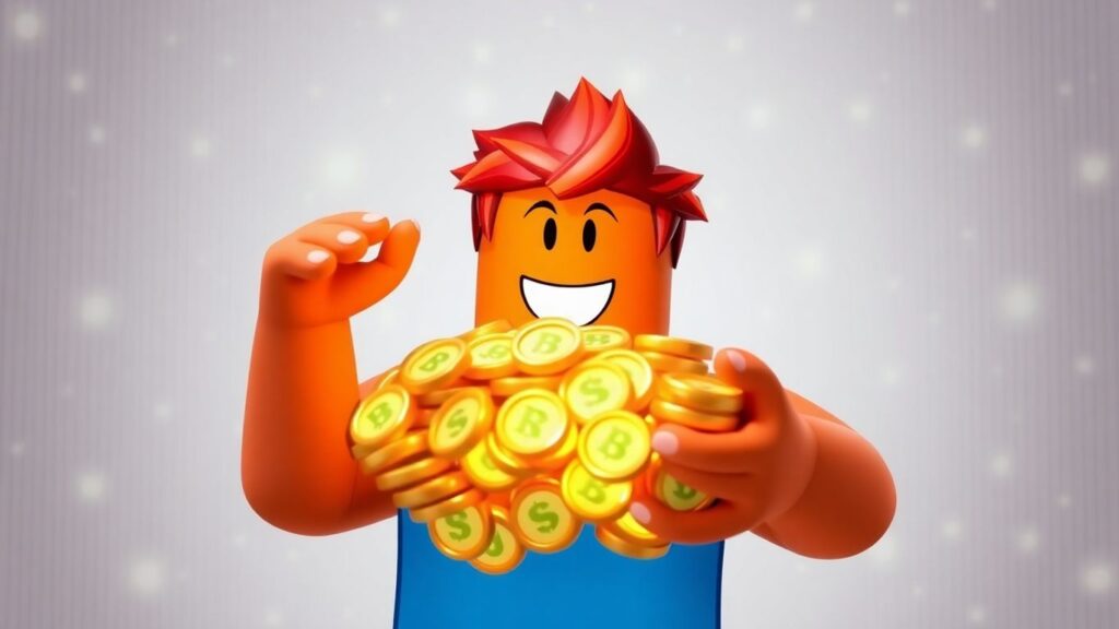 Avatar feliz com moedas de Robux brilhantes.
