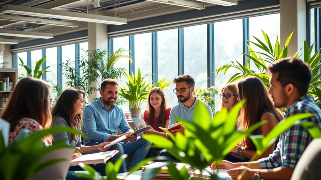 Pessoas estudando em um ambiente moderno e iluminado.