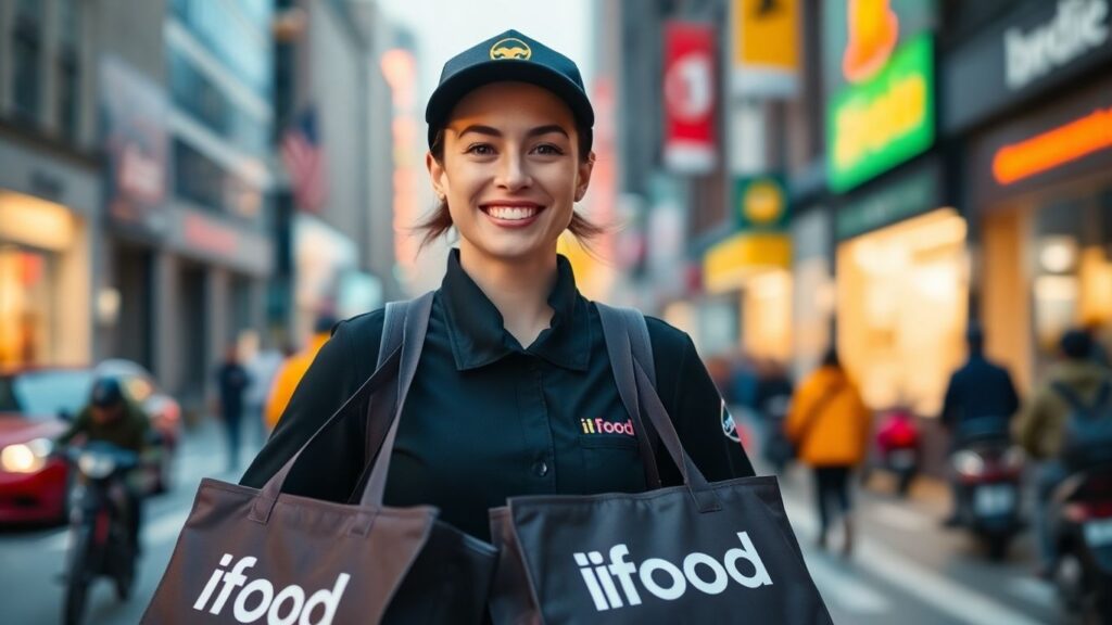 Pessoa sorrindo com uniforme do iFood e bolsa de entrega.