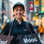 Pessoa sorrindo com uniforme do iFood e bolsa de entrega.