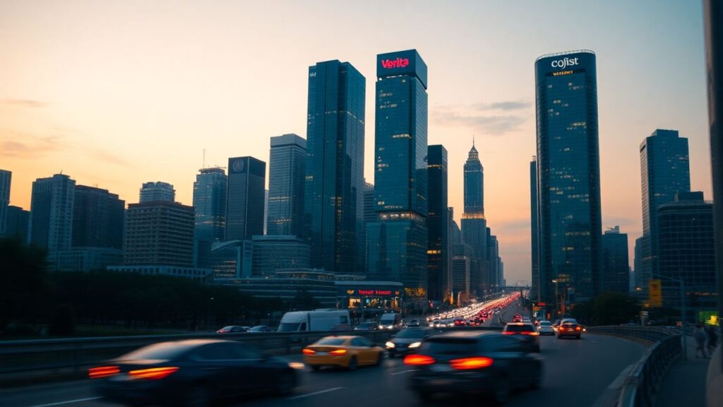 Ciudad moderna con rascacielos y luces de autos.