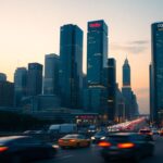 Ciudad moderna con rascacielos y luces de autos.