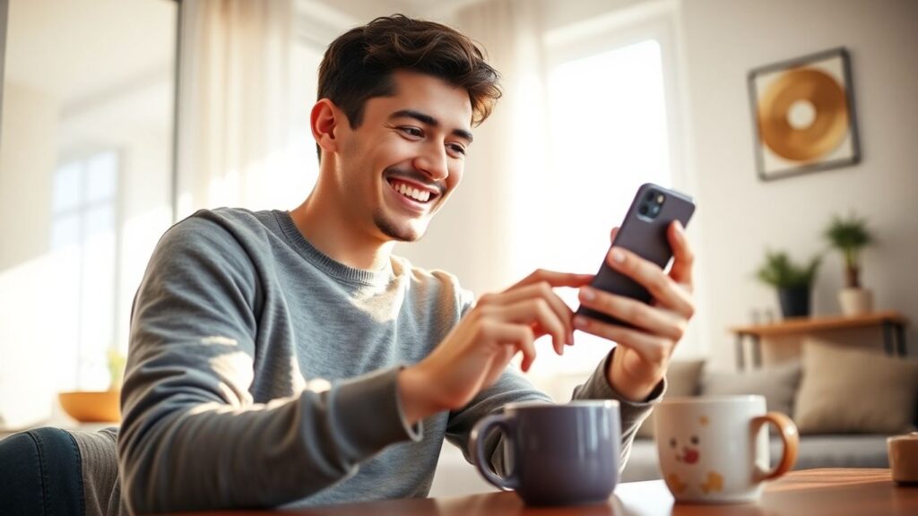 Pessoa feliz usando smartphone para empréstimo online em casa.