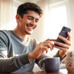 Pessoa feliz usando smartphone para empréstimo online em casa.