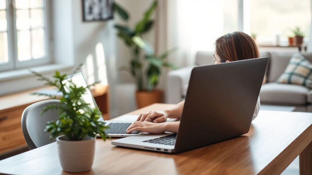 Pessoa trabalhando em casa com laptop e planta.