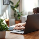 Empregos Home Office: Guia Completo para Descobrir Oportunidades Reais e Trabalhar de Casa Pessoa trabalhando em casa com laptop e planta.