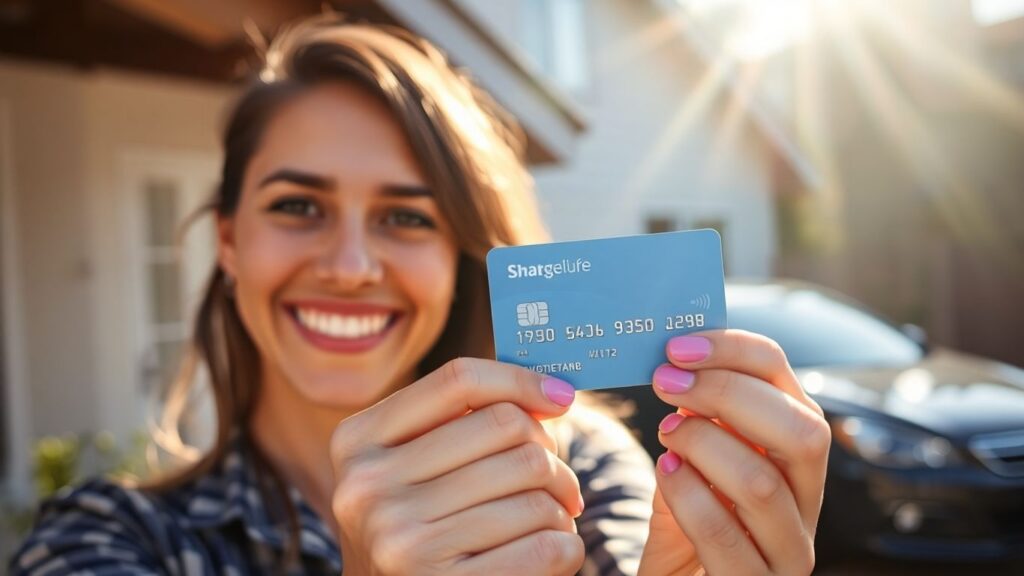 Persona feliz con tarjeta de crédito, casa y coche.