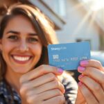 Persona feliz con tarjeta de crédito, casa y coche.