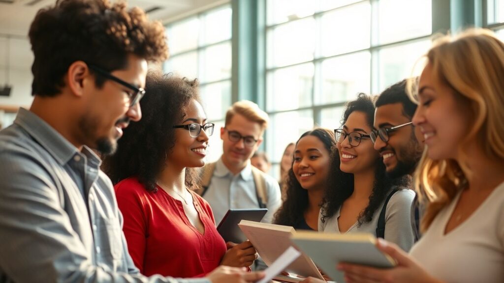 Pessoas aprendendo em um ambiente educacional moderno e iluminado.