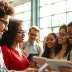 Pessoas aprendendo em um ambiente educacional moderno e iluminado.