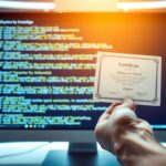 Tela de computador com código e certificado de informática.
